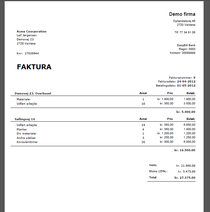 Faktura skabelon - detaljeret med grupper